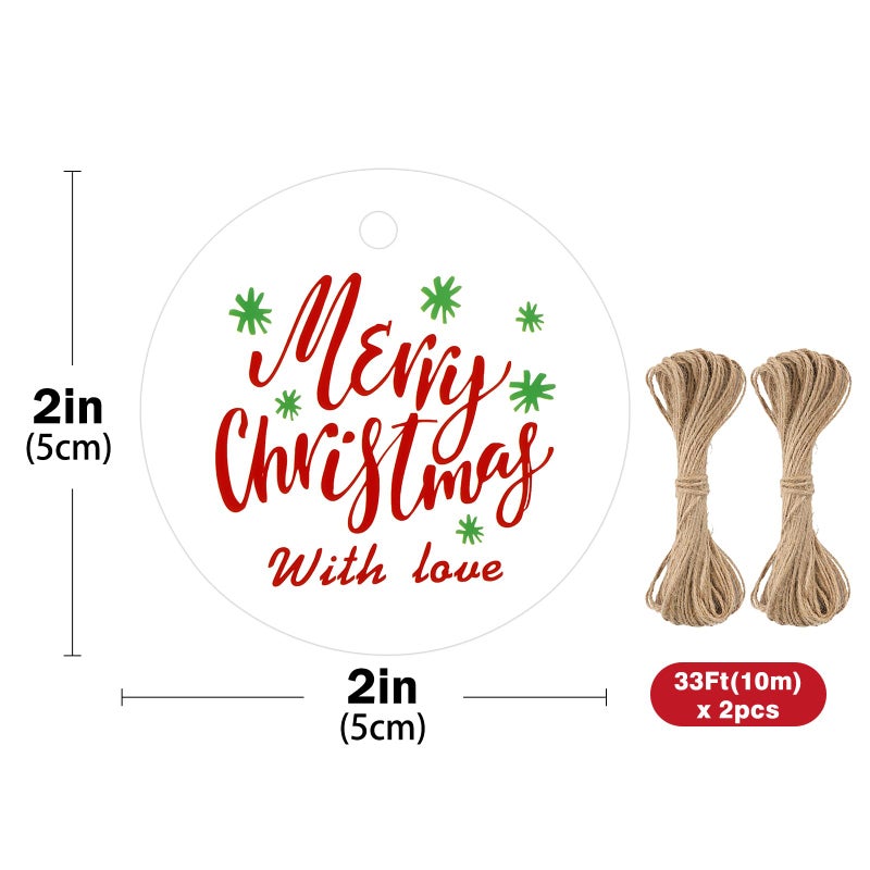 jijAcraft Christmas Tags with String - 100Pcs Holiday Gift Tags, Merry Christmas with Love Name Labels, 2Inch Round Winter Gift Tag for Xmas Party, Party Favors, DIY Crafts - Image 2